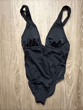 Plunge front Black One-Piece Swimsuit tummy control